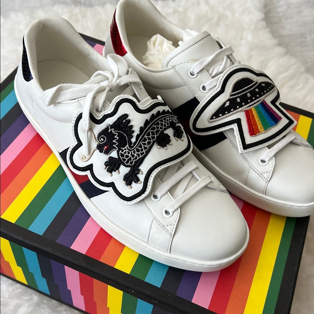 🆕 Auth Gucci Sneakers Ace Gucci 10.5 Removable Patches